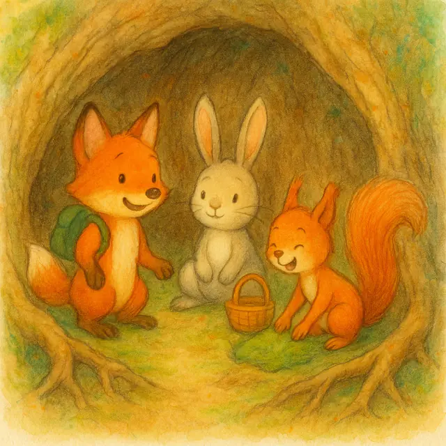 Emil, Max und Nala teilen sich ein Picknickkörbchen im Fuchsbau