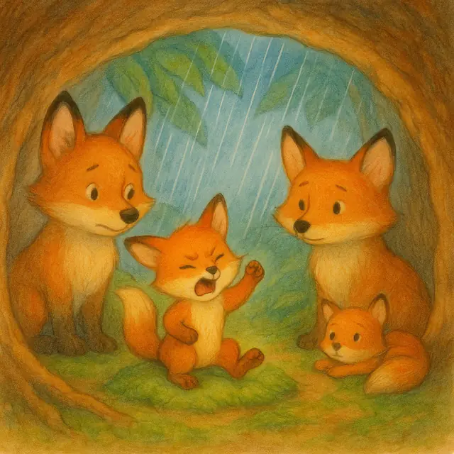 Emils Familie sitzt gemütlich im Fuchsbau, während es draußen regnet