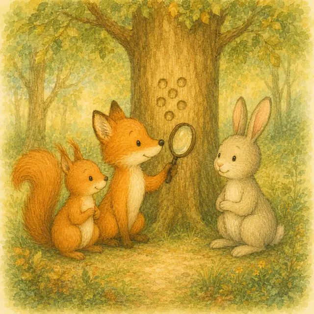 Emil untersucht mit einer Lupe Markierungen an einem Baum