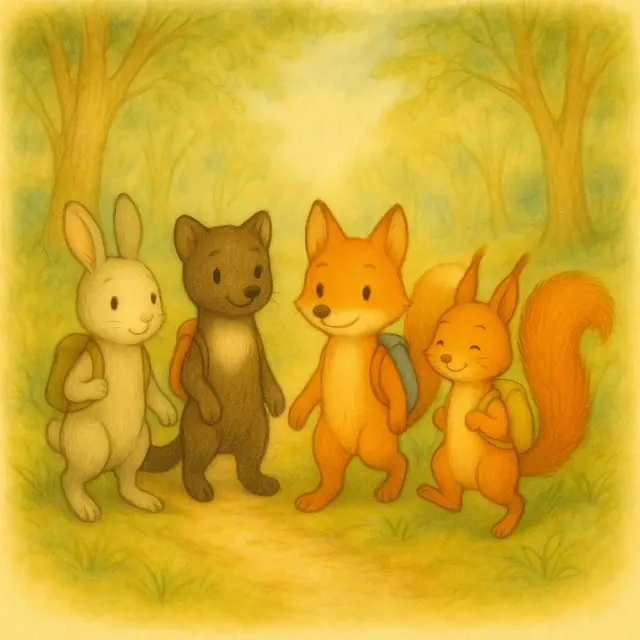 Max, Kalle, Emil und Nala mit Rucksäcken auf einem Waldweg