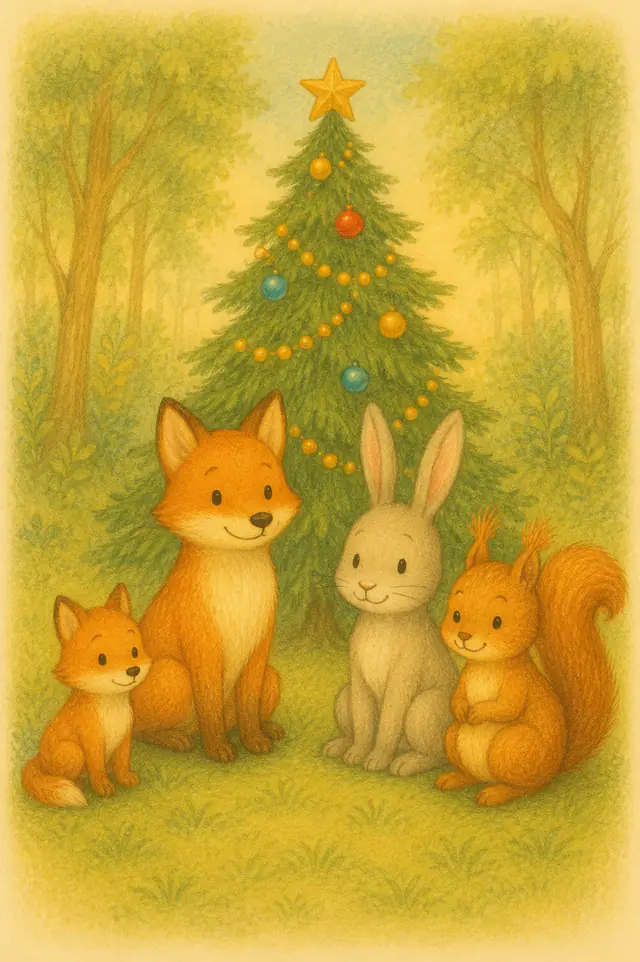 Emil feiert Weihnachten mit Hase und Eichhörnchen am Tannenbaum