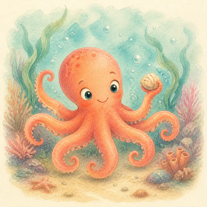 Olli, der apricotfarbene Oktopus, hält eine Muschel