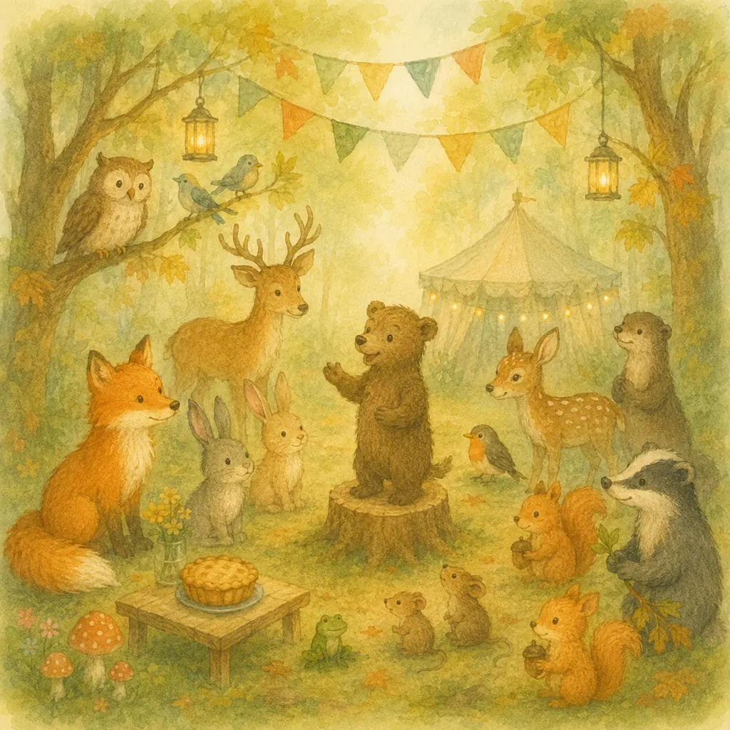 Großes Herbstfest im Wald: Viele Tiere – Eule, Hirsch, Hasen, Dachse, Mäuse, Frösche und Füchse – feiern gemeinsam