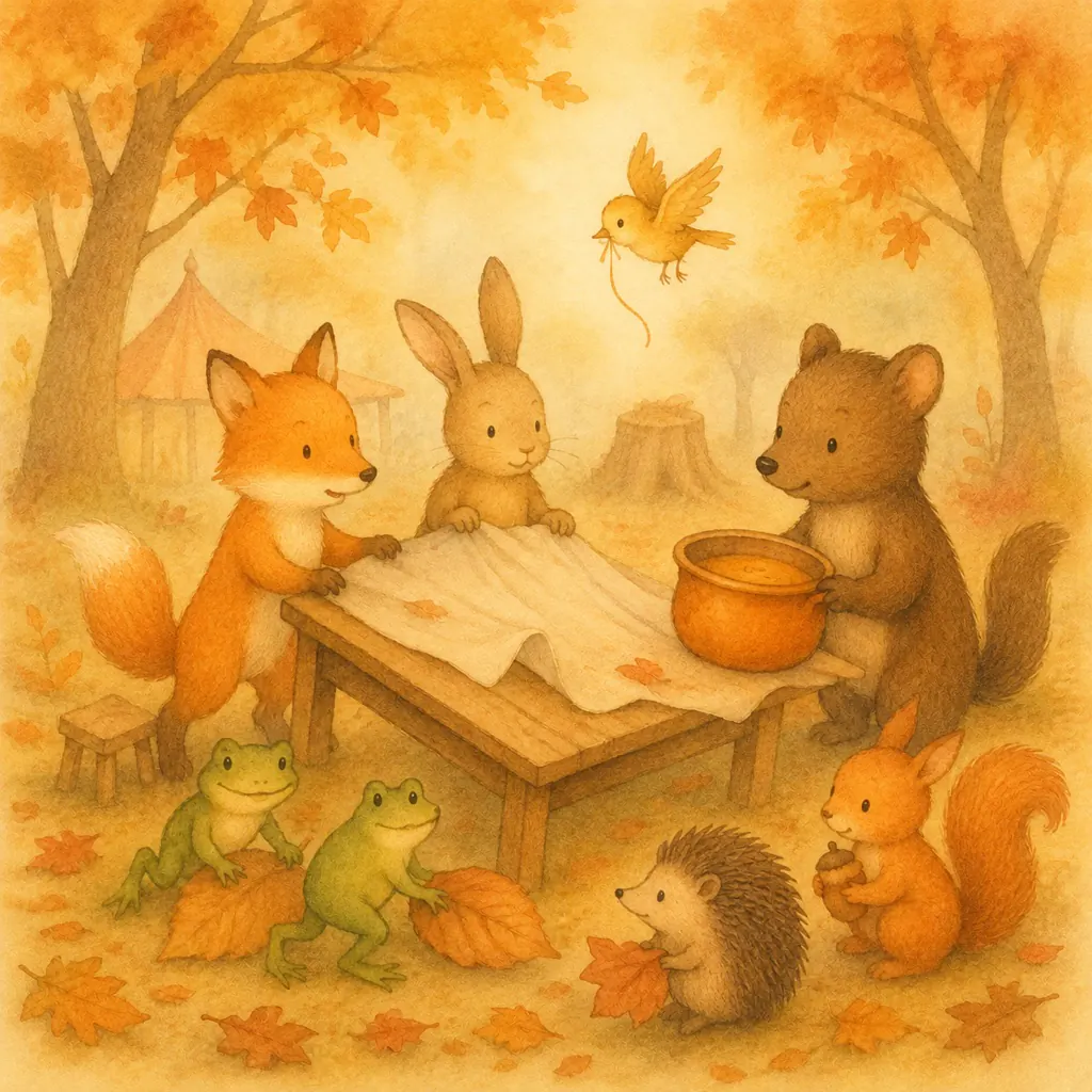 Emil, Max, Kalle und die Frösche decken gemeinsam einen Tisch im Herbstlaub